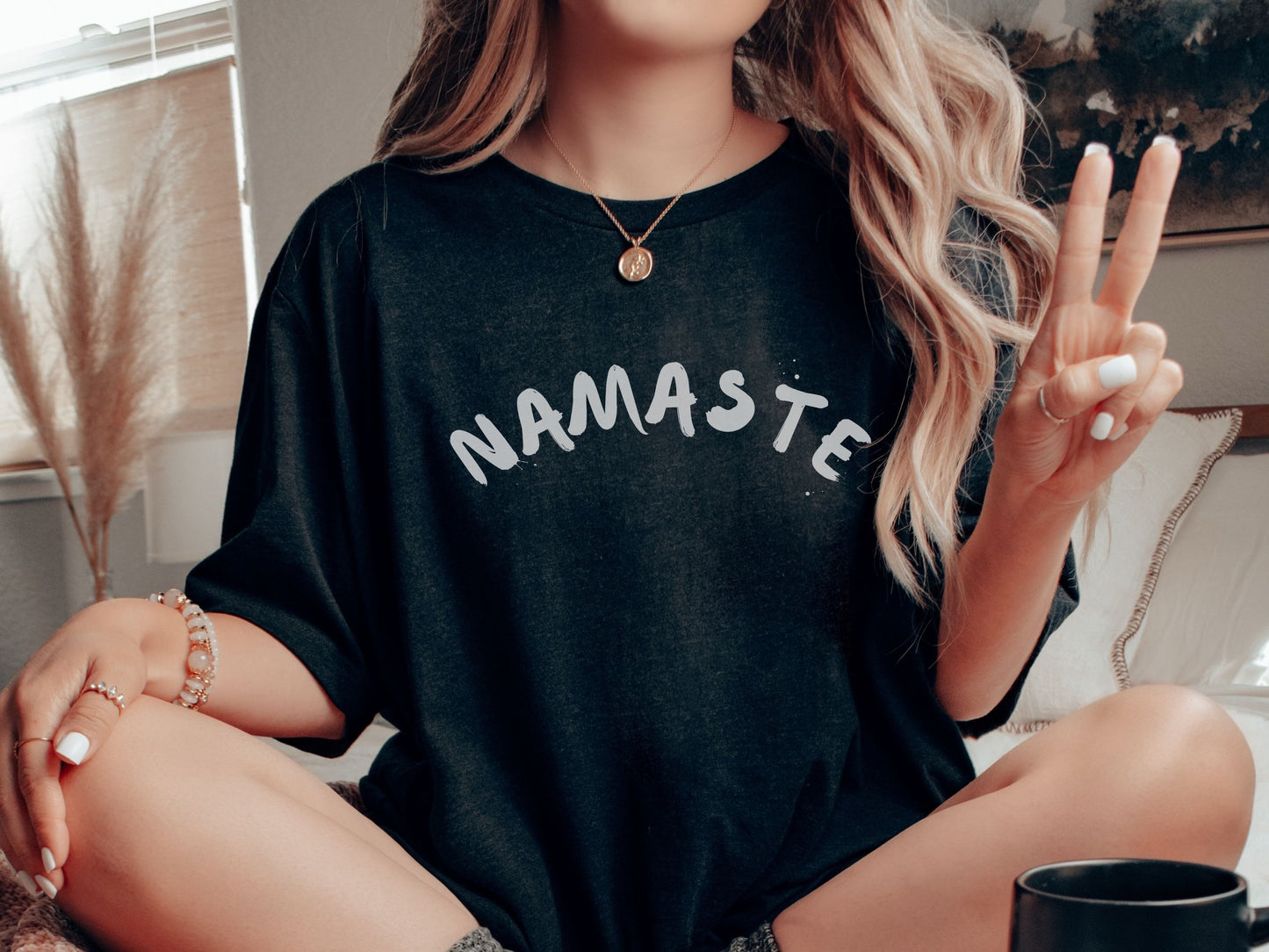 Namaste T-Shirt | Boho Yoga Tee | Slogan Top | Arch Design | Grunge Heather Pattern