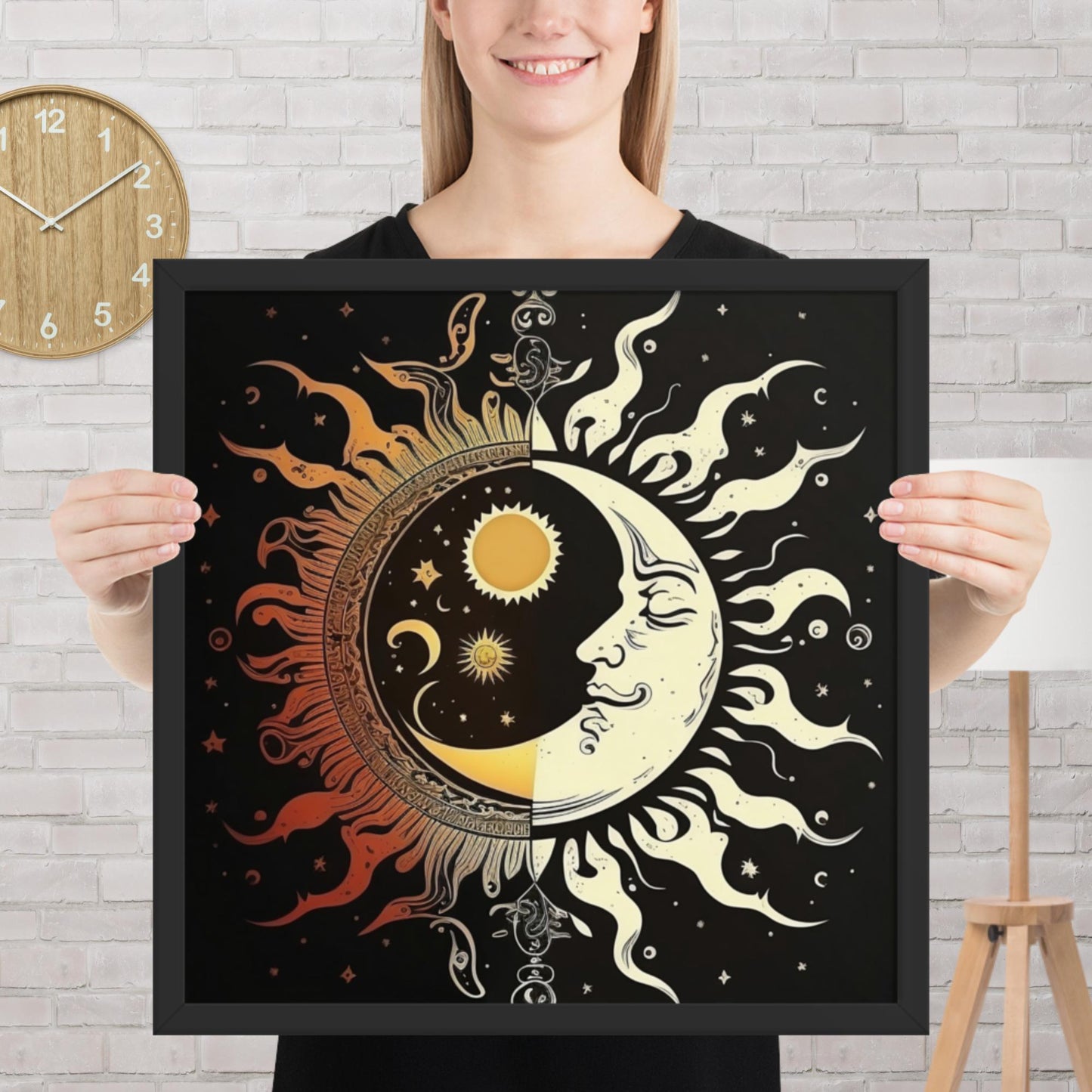 Art of Zen Celestial Moon Sun Framed Poster Decor Gift for Yoga Class