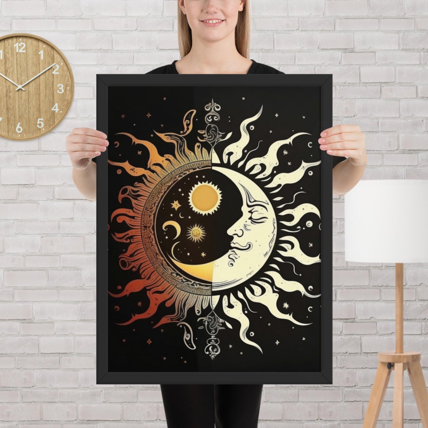 Art of Zen Celestial Moon Sun Framed Poster Decor Gift for Yoga Class