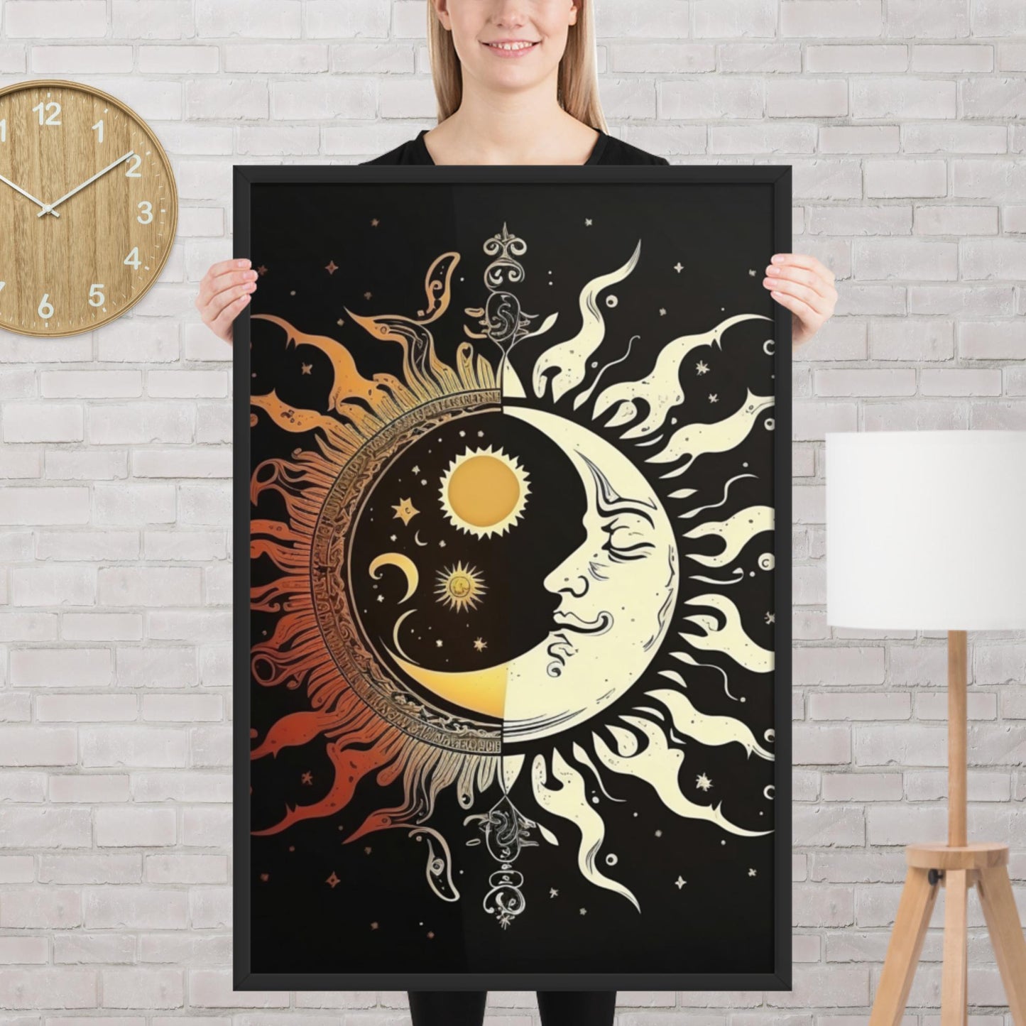 Art of Zen Celestial Moon Sun Framed Poster Decor Gift for Yoga Class