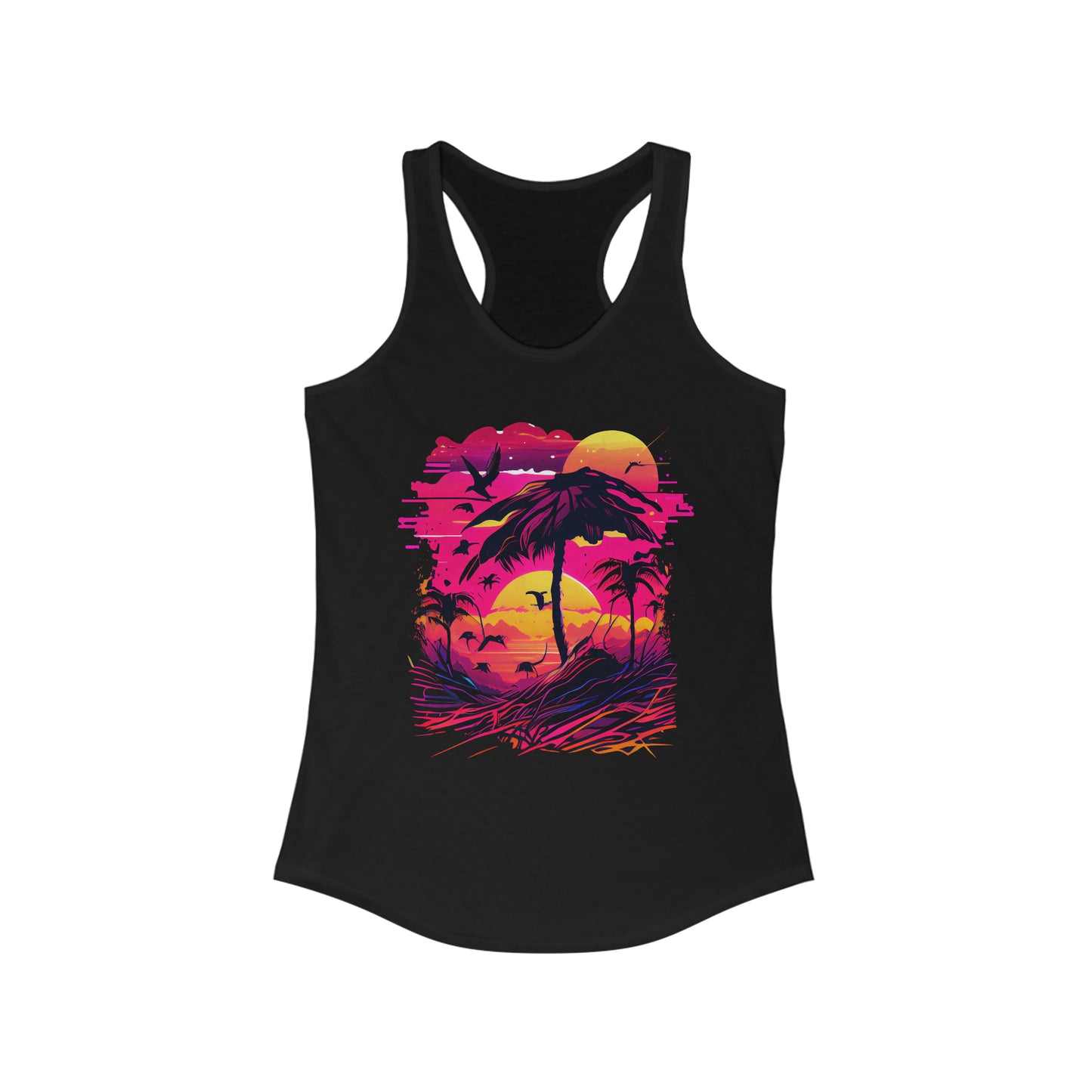 Sunrise Zen Retro Racerback Tank Top Celestial Ladies Tank Top T-Shirt Retro Tropical Black