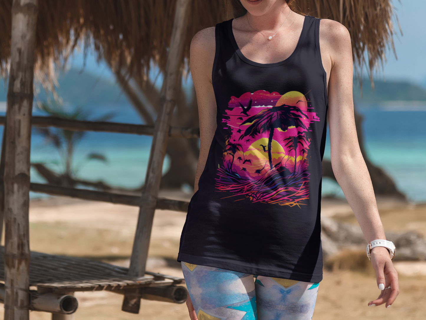 Sunrise Zen Retro Racerback Tank Top Celestial Ladies Tank Top T-Shirt Retro Tropical Black