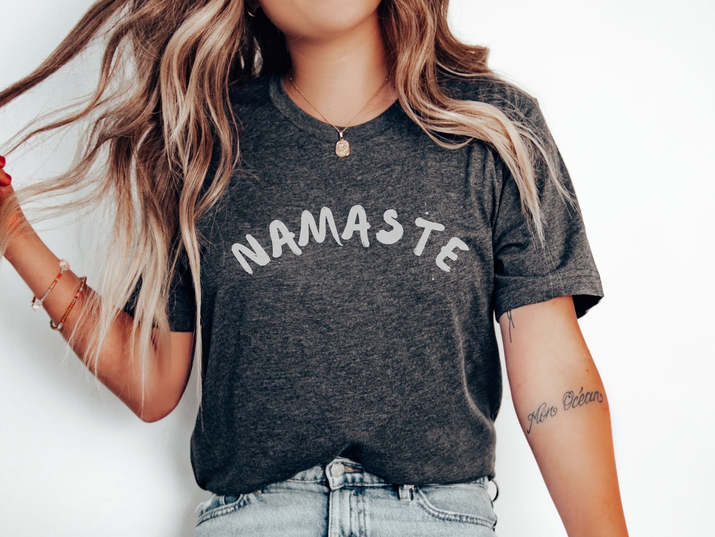 Namaste T-Shirt | Boho Yoga Tee | Slogan Top | Arch Design | Grunge Heather Pattern