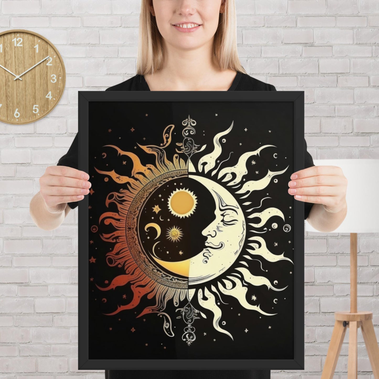 Art of Zen Celestial Moon Sun Framed Poster Decor Gift for Yoga Class